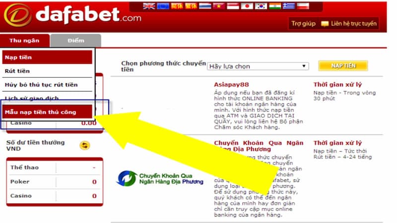 Chọn phương thức thanh toán nạp tiền dafabet 